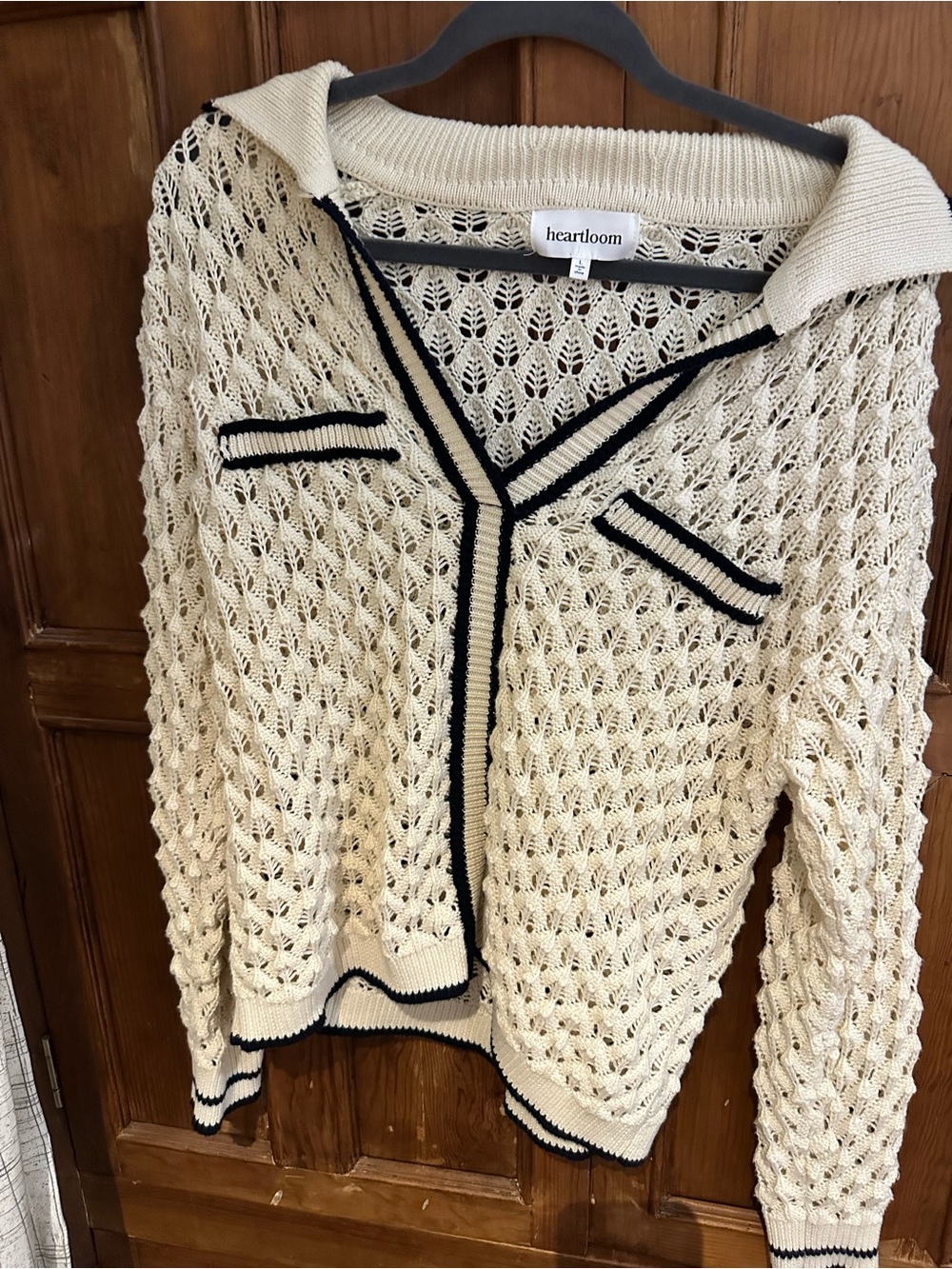 Heartloom Cream Open-Knit Cardigan with Black Trim